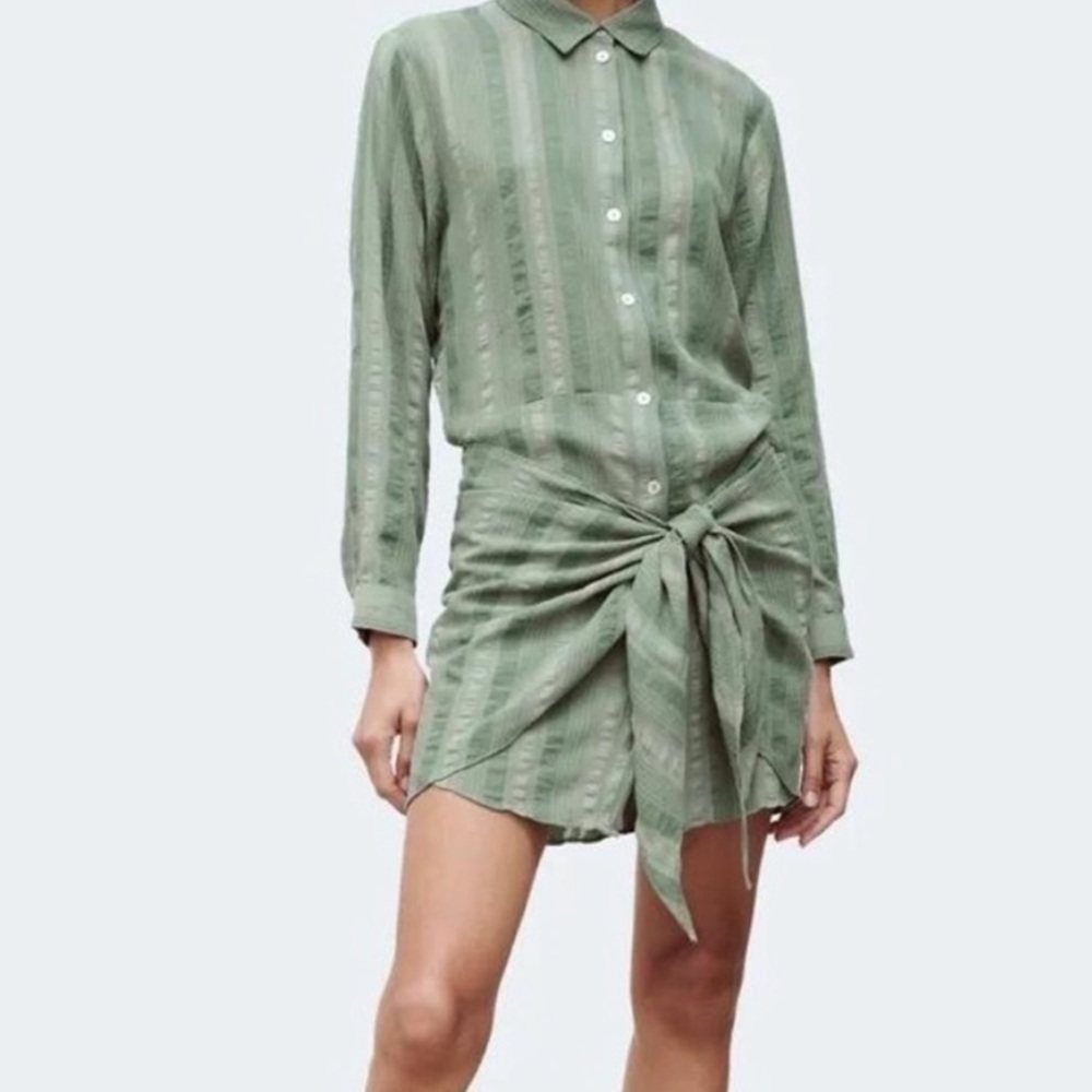 NWT Zara Zoe Dress: Tie Waist Shirt Dress XS Green Stripes